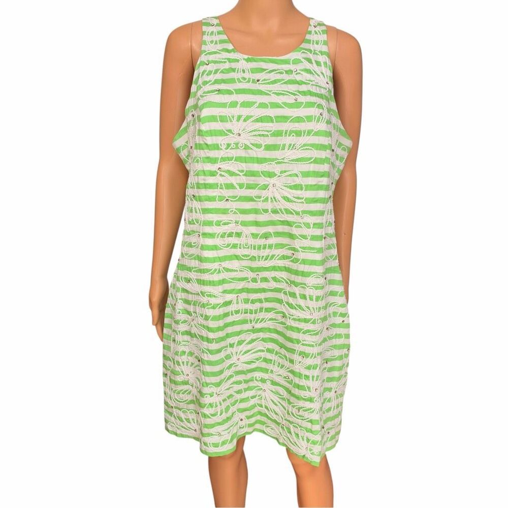 Lilly Pulitzer Striped Embroidered Shift Dress Rhinestone Floral sz 14